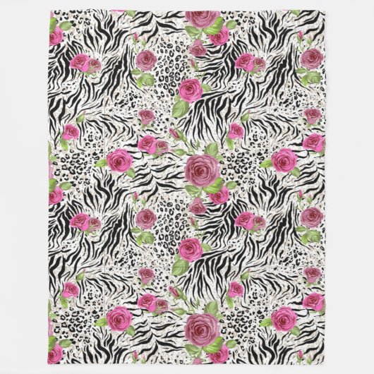 動物の皮膚プリントとバラ フリースブランケット (正面)
