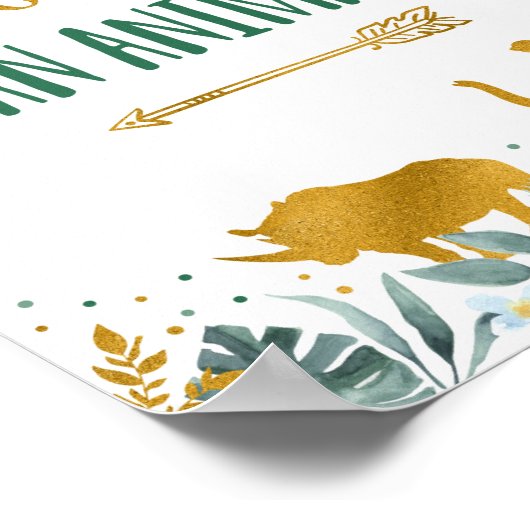 動物の緑の金ゴールドサファリの誕生日標識を採用する ポスター (角)