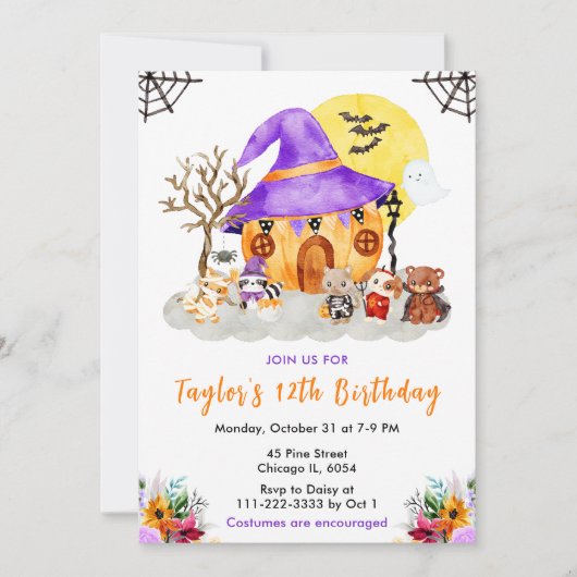 動物の衣装ハロウィーン誕生日パーティー 招待状 (正面)