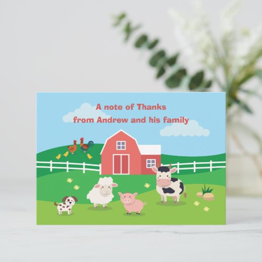 動物の誕生会が付いている納屋周囲の庭は車感謝していしています サンキューカード (スタンド正面)