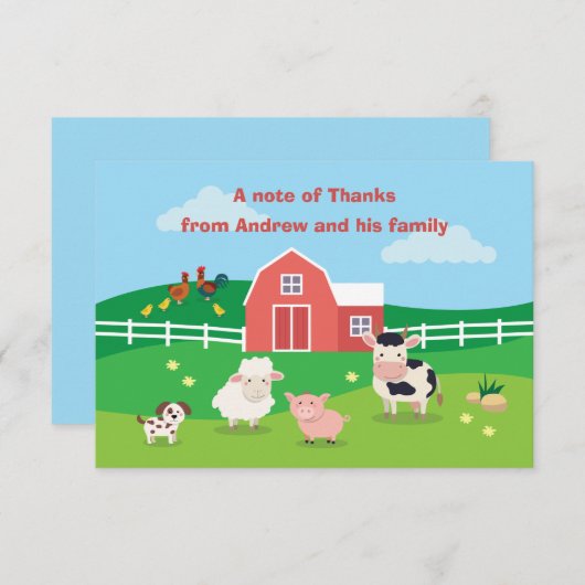 動物の誕生会が付いている納屋周囲の庭は車感謝していしています サンキューカード (正面/裏面)