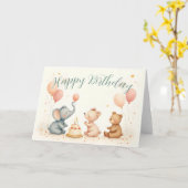 動物の誕生日と風船の喜び カード (黄色い花)