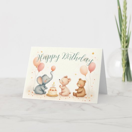 動物の誕生日と風船の喜び カード (正面)