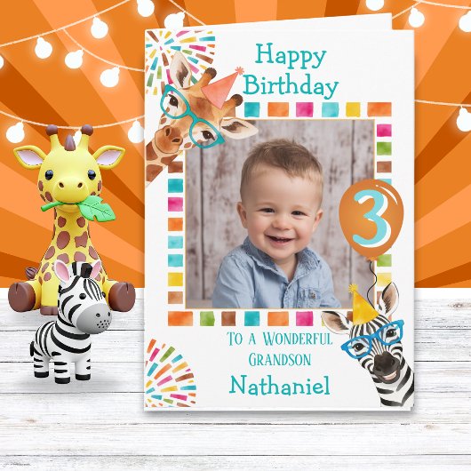 動物の誕生日パーティー 写真1枚 誕生日カード カード
