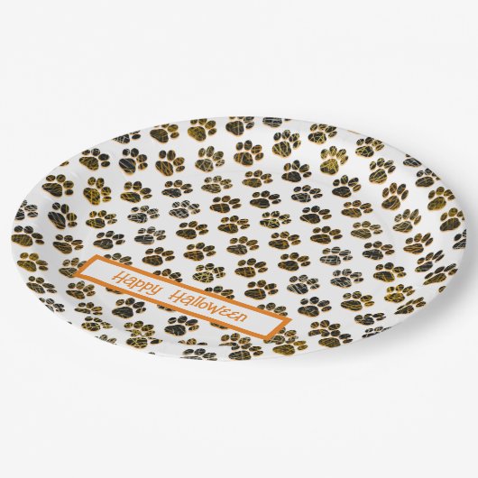 動物の足シルエットハロウィンパウィティホワイト ペーパープレート (アングル)