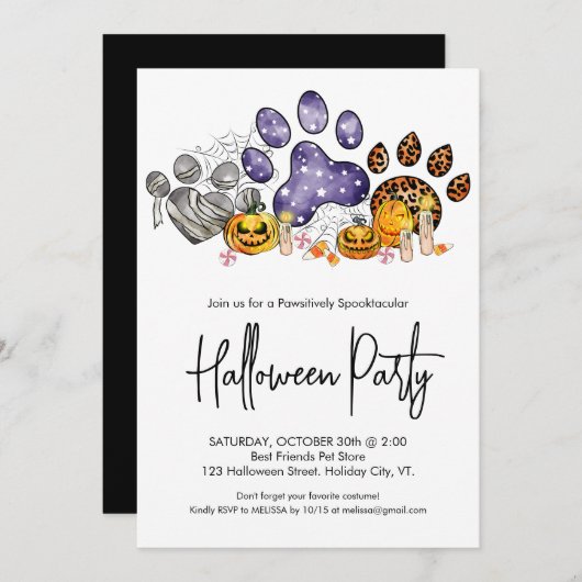 動物の足プリントパンプキンペットドッグハローウィンパーティ 招待状 (正面/裏面)