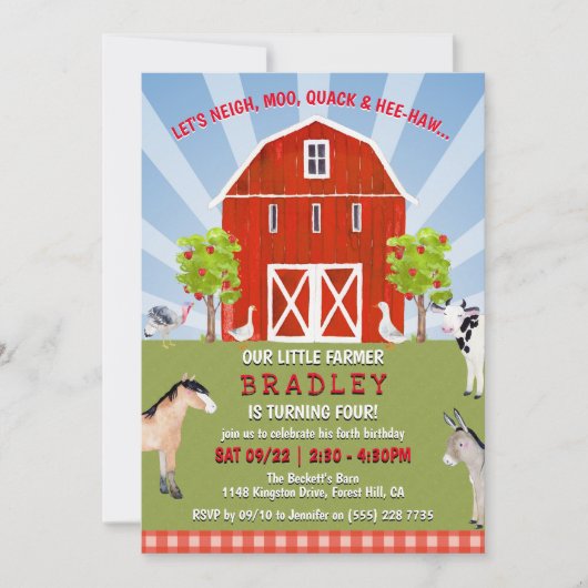 動物の農園4歳の誕生日 招待状 (正面)