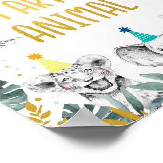 動物の青いパーティーの金ゴールド誕生日標識を採用する ポスター (角)