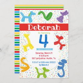 動物の風船4th誕生日の招待 招待状