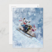 動物は雪の上で山を下る シーズンポストカード (正面/裏面)