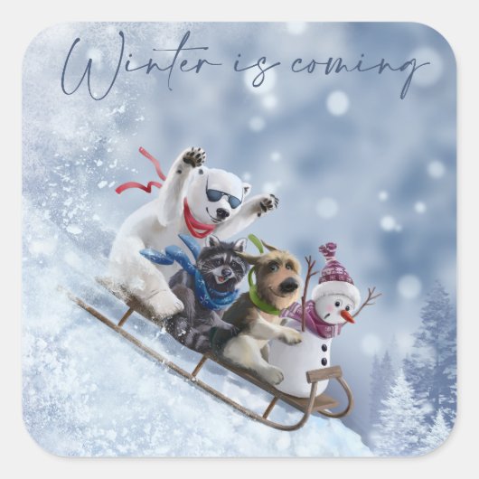 動物は雪の上で山を下る スクエアシール (正面)