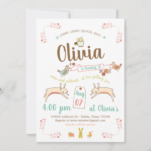 動物ふれあい広場の誕生日パーティー 招待状 (正面)