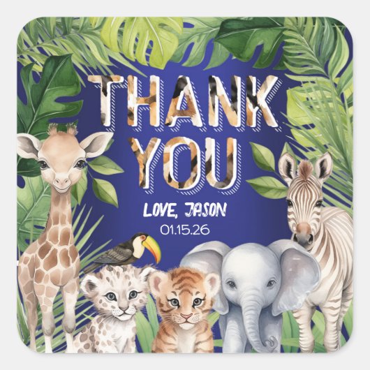 動物をテーマにしたジャングルサファリの誕生日感謝していあなた スクエアシール (正面)