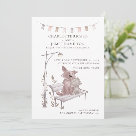 動物をテーマにしたベンチに乗った猫と結婚犬 案内状 (スタンド正面)