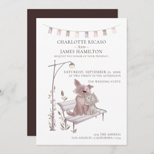 動物をテーマにしたベンチに乗った猫と結婚犬 案内状 (正面/裏面)