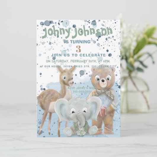 動物をテーマにした男の赤ちゃん誕生日の招待状 案内状 (スタンド正面)
