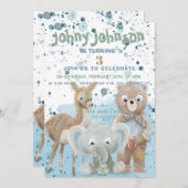 動物をテーマにした男の赤ちゃん誕生日の招待状 案内状 (正面/裏面)