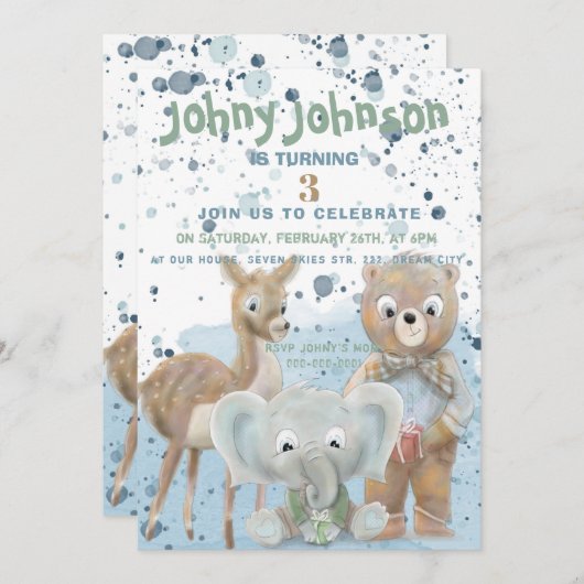 動物をテーマにした男の赤ちゃん誕生日の招待状 案内状 (正面/裏面)