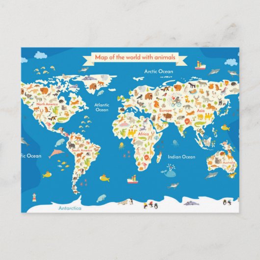 動物を使った世界の子ども向け地図 ポストカード (正面)