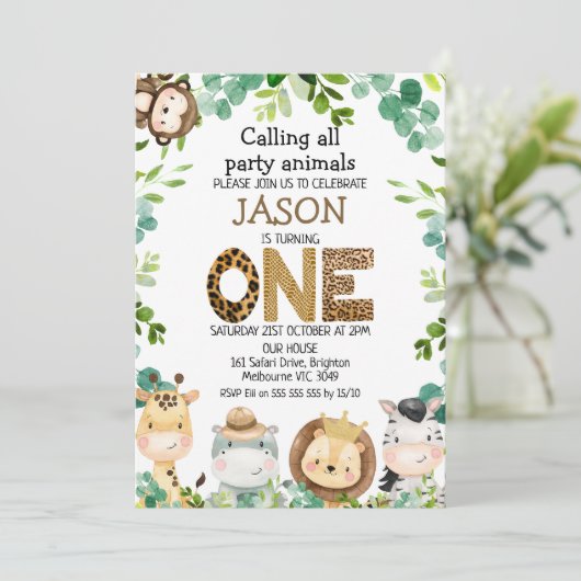 動物を呼び出すサファリパーティー1歳の誕生日 招待状 (スタンド正面)