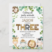 動物を呼び出すサファリパーティー3歳の誕生日 招待状 (正面)