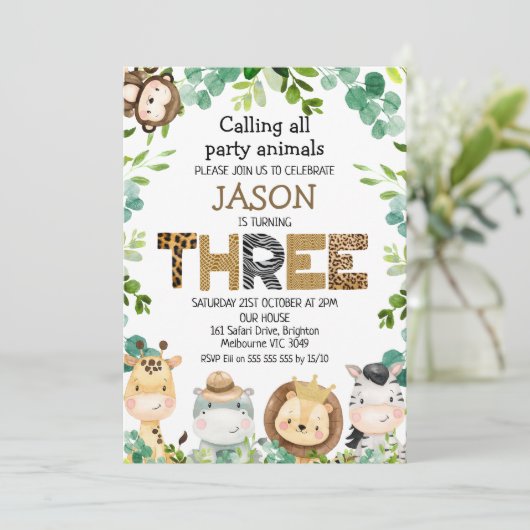 動物を呼び出すサファリパーティー3歳の誕生日 招待状 (スタンド正面)