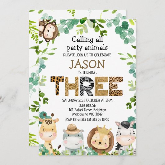動物を呼び出すサファリパーティー3歳の誕生日 招待状 (正面/裏面)