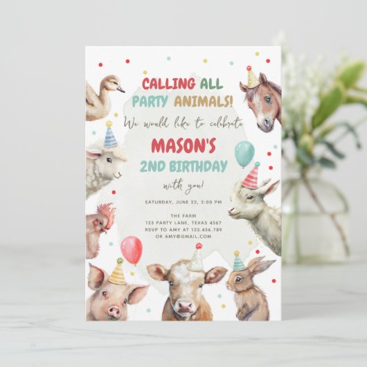 動物を呼び出すパーティー少年誕生日 招待状 (スタンド正面)