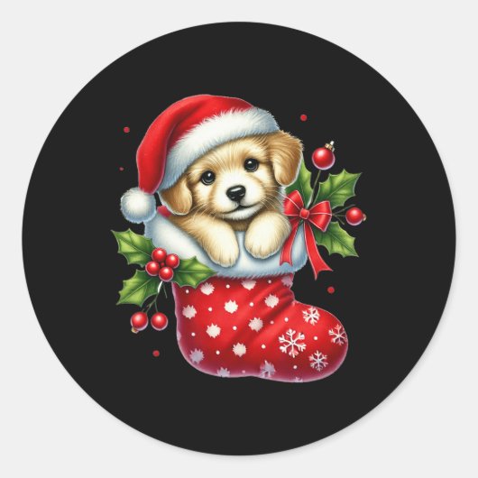 動物を愛するクリスマスストッキングでかわいい子犬 ラウンドシール (正面)
