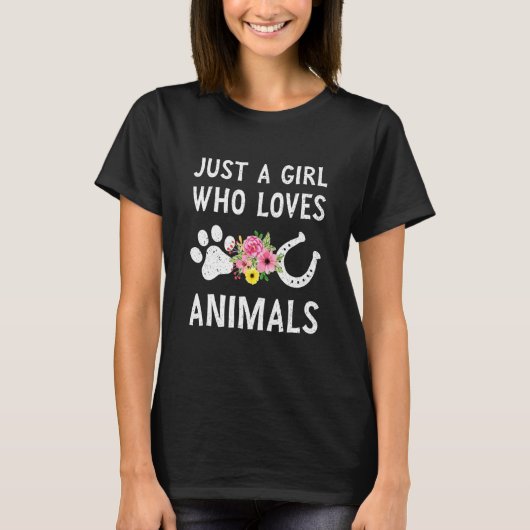 動物を愛する女の子、犬猫馬 Tシャツ (正面)