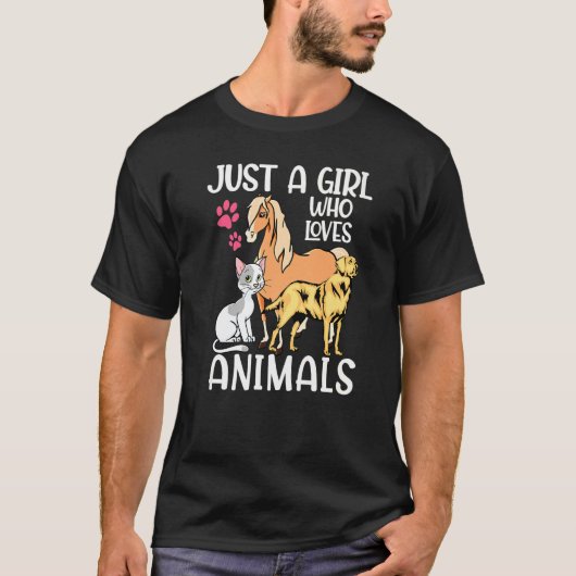 動物を愛する女の子、犬猫馬 Tシャツ (正面)