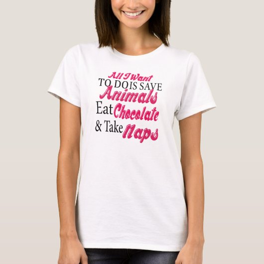 動物を食べますチョコレート取得昼寝を救って下さい Tシャツ (正面)