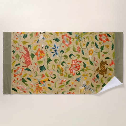 動物アンティーク馬鳥鹿ウサギ ビーチタオル (正面)