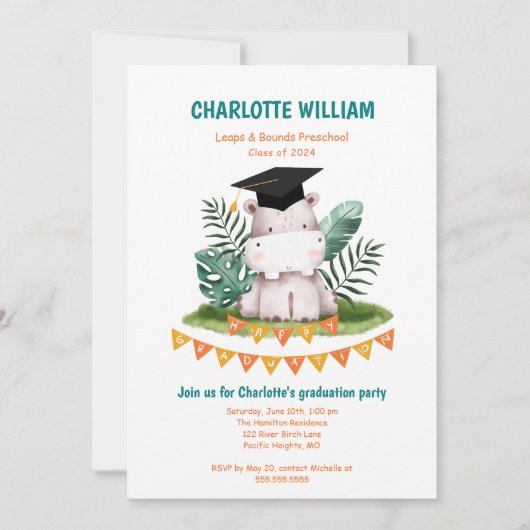 動物キップレスクール写真卒業パーティー 招待状 (正面)