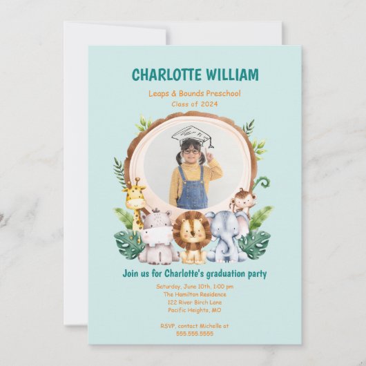 動物キップレスクール写真卒業パーティー 招待状 (正面)