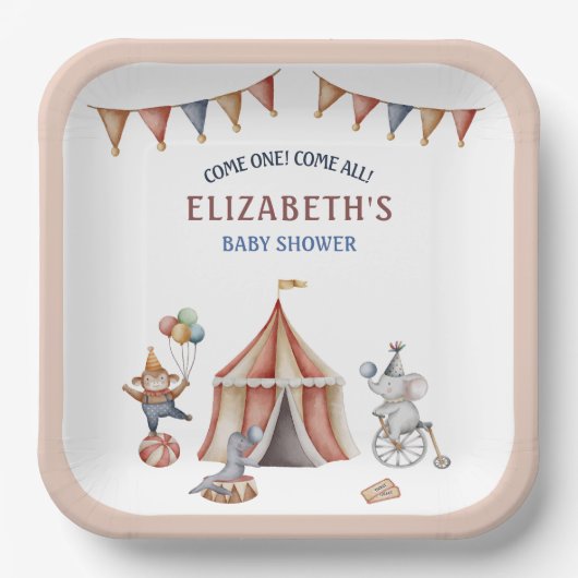 動物サーカスお洒落パーティーベビーシャワー ペーパープレート (正面)
