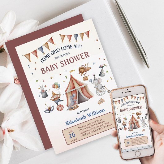 動物サーカスお洒落パーティーベビーシャワー 招待状