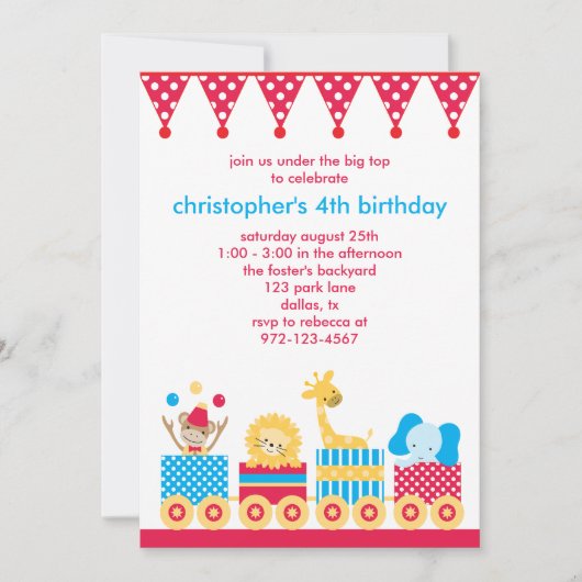 動物サーカス列車の誕生日招待状 招待状 (正面)