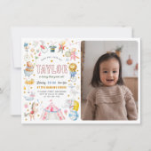 動物サーカス |水彩カーニバルフォト誕生日 招待状 (正面)