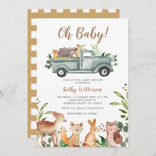 動物ジャングルトラックベビーシャワー招待状 招待状 (正面/裏面)