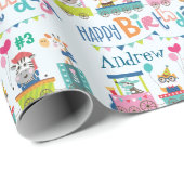 動物トレインパーソナライズネーム子供の誕生日 ラッピングペーパー (ロールコーナー)