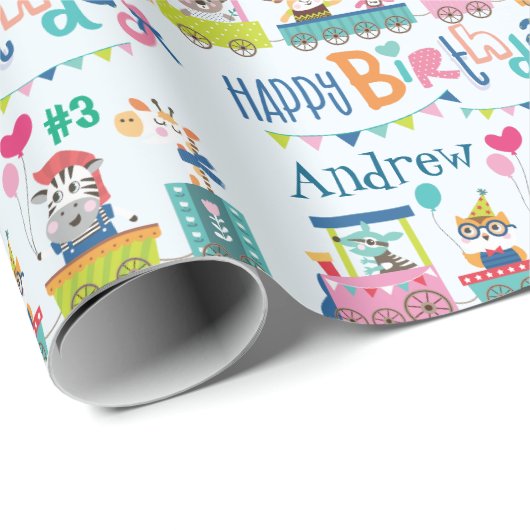 動物トレインパーソナライズネーム子供の誕生日 ラッピングペーパー (ロールコーナー)
