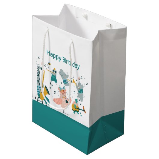 動物バンド付きピンクソンバード誕生日 ミディアムペーパーバッグ (正面アングル)