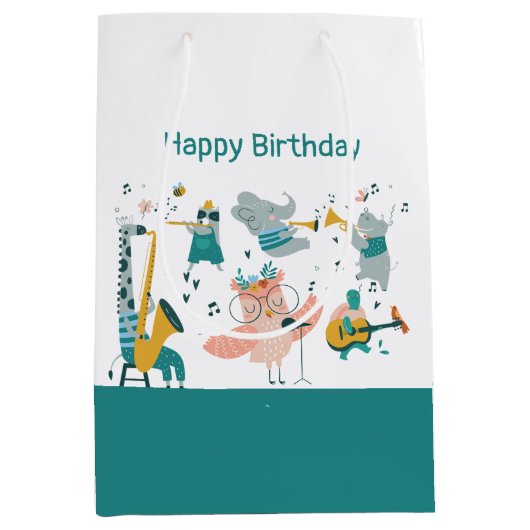 動物バンド付きピンクソンバード誕生日 ミディアムペーパーバッグ (正面)