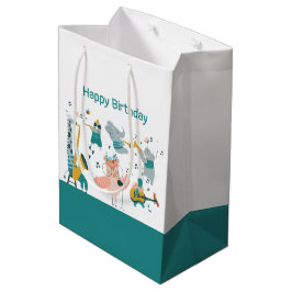 動物バンド付きピンクソンバード誕生日 ミディアムペーパーバッグ