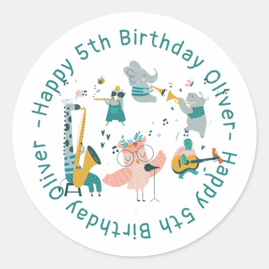 動物バンド付きピンクソンバード誕生日 ラウンドシール (正面)