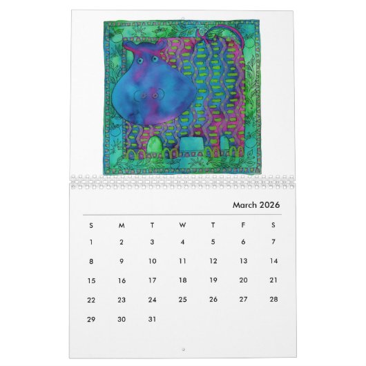 動物パターン(の模様が)ある水彩画 カレンダー (3月 2026)