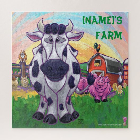 動物パレード牛と納屋周囲の庭の友人 ジグソーパズル (縦)