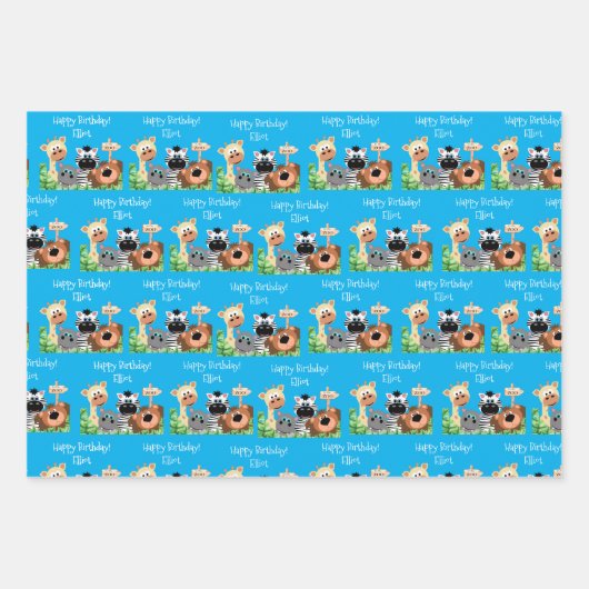 動物パーソナライズされた園誕生日緑の葉 ラッピングペーパーシート (正面)