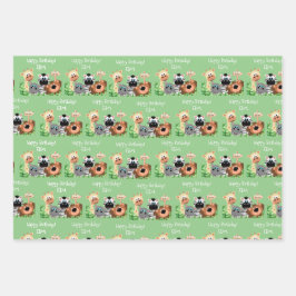 動物パーソナライズされた園誕生日緑の葉 ラッピングペーパーシート